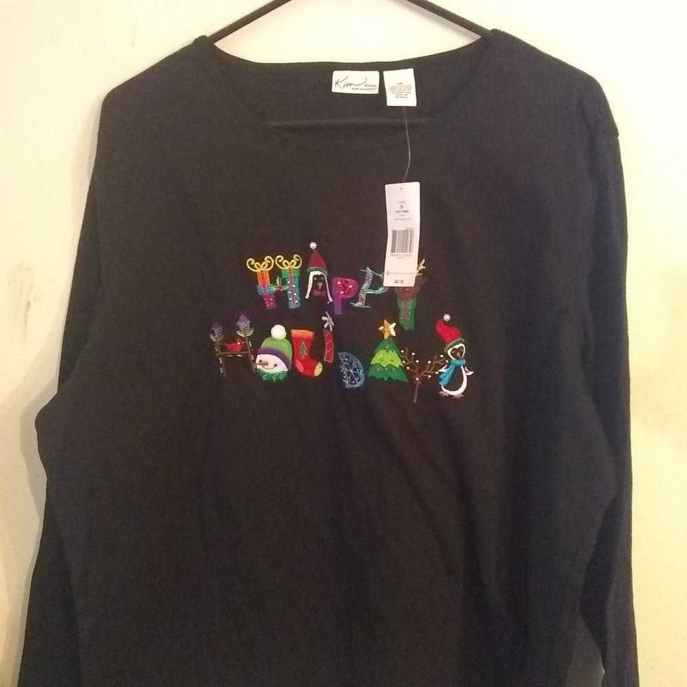 Kim Rogers Black Happy holiday Long Sleeve shirt SIZE:2XL NWT FALL Winter TIME..
